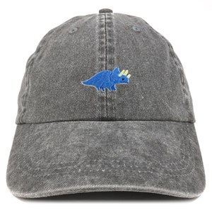 May include: A black denim baseball cap with a blue embroidered dinosaur on the front.