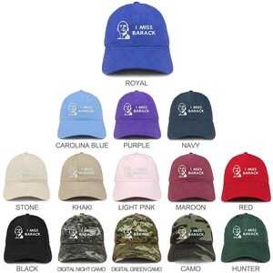 May include: A collection of baseball caps in various colours and patterns, each featuring a white embroidered image of Barack Obama with the text "I Miss Barack".
