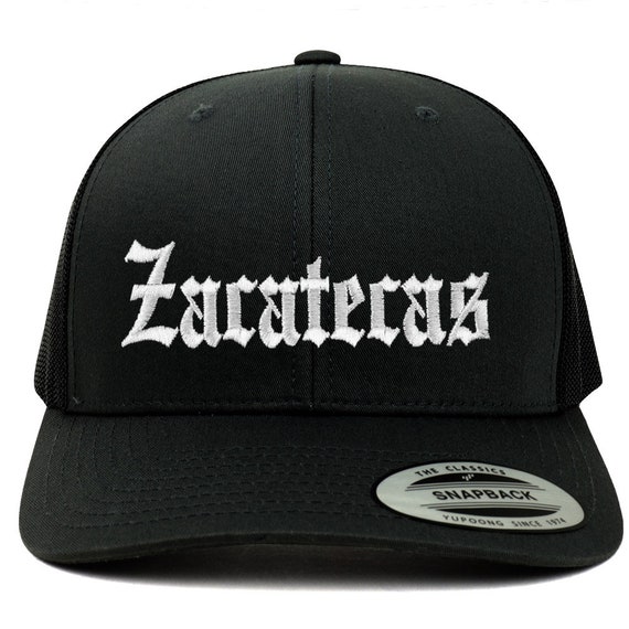 Old English Michoacan Embroidered Trucker Mesh Cap - White On Black, Adjustable Snapback, Flat Bill - View #7