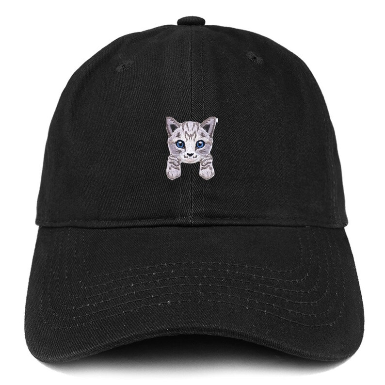 以下が含まれることがあります： 前面にグレーと白の猫が刺繍された黒い野球帽。猫は青い目をしており、視聴者を見ている。