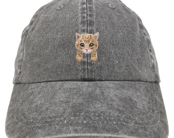 Stitchfy Yellow Tabby Cat Kitten Patch Pigment Dyed Washed Baseball Cap (SF-AP0070-MGC-7601)