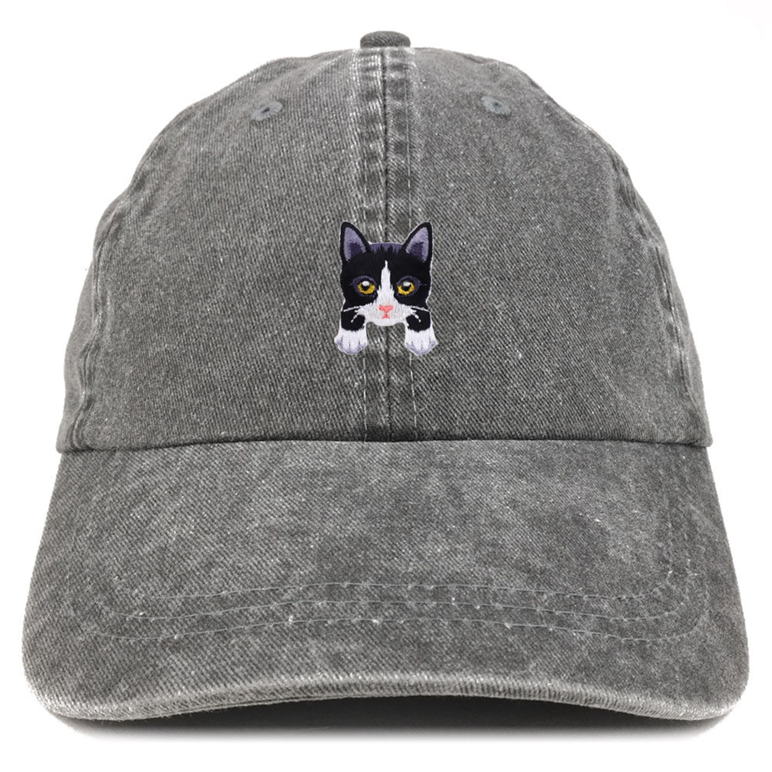 Trendy Apparel Shop Tuxedo Cat Baseball Cap | Pigment Dyed Washed Cotton Hat With Embroidered Patch