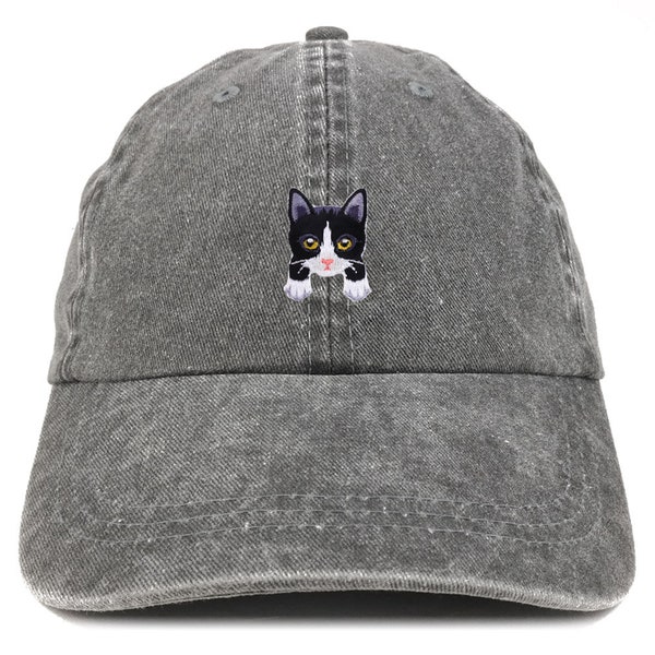 Stitchfy Tuxedo Cat Kitten Patch Pigment Dyed Washed Baseball Cap (SF-AP0068-MGC-7601)