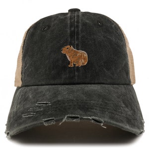 May include: A distressed black baseball cap with a brown mesh back and a brown embroidered capybara on the front. The cap has a pre-worn look with distressed holes and a curved brim.