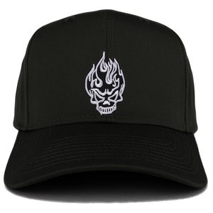 May include: Black baseball cap with a white embroidered skull and flames design.