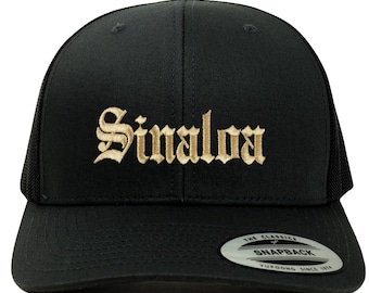 Stitchfy Old English Sinaloa Gold Embroidered Retro Trucker Mesh Cap (SF-TXT2669-G-FLX-6606)
