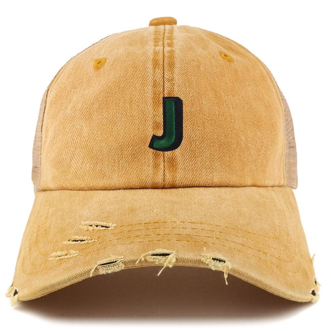 Red J Patch Stitchfy Alphabet J Patch Frayed Bill Trucker Mesh Back Cap (SF-AP0097 ...