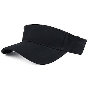 May include: A solid black visor with a curved brim and a fabric band. The visor is made of a durable material and is designed to shield the eyes from the sun. This accessory is suitable for outdoor activities.