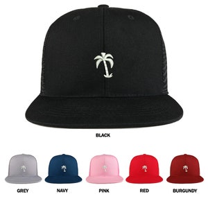 Stitchfy Palm Tree Solid White Embroidered Cotton Flat Bill Mesh Back Trucker Cap