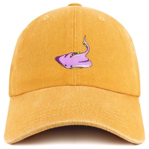 May include: A yellow baseball cap with a purple and yellow embroidered stingray design.