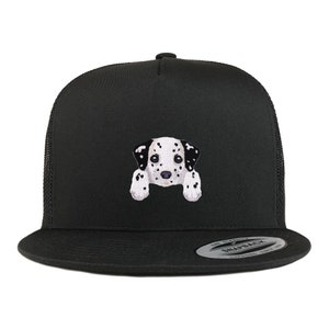 May include: Black trucker hat with a white and black dalmatian puppy peeking out from the front.