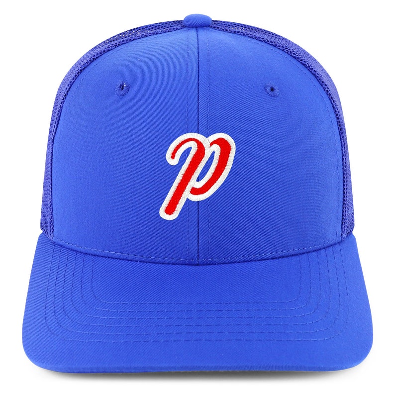 Script P Hat Stitchfy Letter P Script Outline 6 Panel Trucker Baseball Cap (SF ...