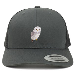 Op de afbeelding: Een donkergrijze truckercap met een witte uil geborduurd op de voorkant. De pet heeft een zwart mesh achterkant en een zwarte drukknopsluiting. De pet heeft ook een sticker op de achterkant met de tekst "The Classics Snapback Yupoong Since 1974."
