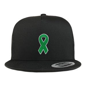 May include: Black snapback cap with a green ribbon design. The cap has a flat peak and a mesh back. The ribbon is a symbol of support and awareness. A fashionable accessory for casual wear.