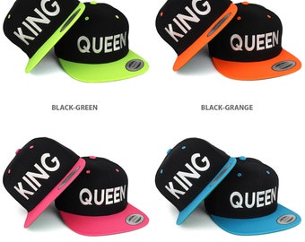 Stitchfy King and Queen White Embroidered Flat Bill 2-Tone Ball Cap 2pc  Set