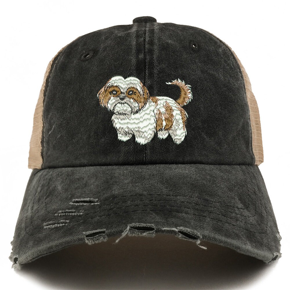 Stitchfy Shih Tzu Dog Embroidered Frayed Bill Trucker Mesh Back Cap