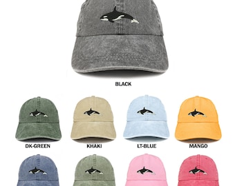 Stitchfy Orca Killer Whale Embroidered Unstructured Low Profile Washed Pigment Dyed Baseball Cap