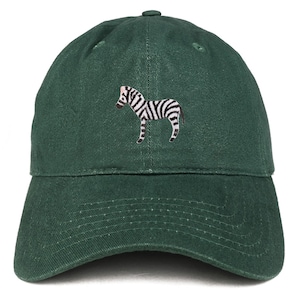 May include: A dark green baseball cap with an embroidered zebra design.