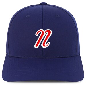 May include: A navy blue baseball cap with a red and white embroidered letter 'N' on the front.
