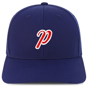 May include: A navy blue baseball cap with a red and white embroidered letter "P" on the front.
