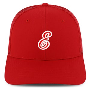 May include: Red trucker hat with a white embroidered letter 'E' on the front.