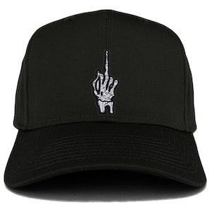 May include: A black baseball cap with a white skeleton hand giving the middle finger embroidered on the front.