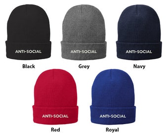 Stitchfy Anti Social Embroidered Winter Cuff Long Beanie