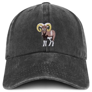 Può includere: Cappellino da baseball grigio scuro con visiera curva. Il cappellino presenta un disegno di ariete ricamato in marrone, bianco e giallo. L'ariete ha grandi corna ricurve ed è centrato sul davanti.