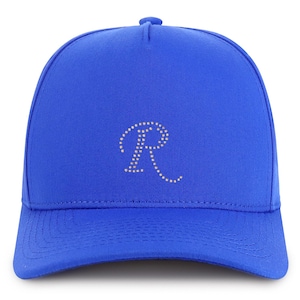 Gorra de béisbol de algodón de 5 paneles con parche de diamantes de imitación de la letra R de Stitchfy (SF-AP0345-NIS-GNV-007)