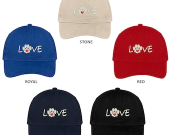 Paw Print Heart Embroidered Cap - Low Profile, Brushed Cotton, Adjustable - Stone Color