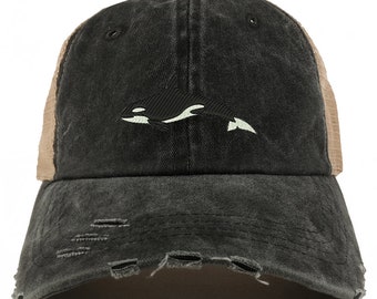 Stitchfy Orca Killer Whale Washed Front Mesh Back Frayed Bill Cap