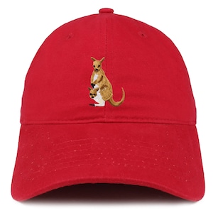 May include: A red baseball cap featuring an embroidered kangaroo with a joey in its pouch. The kangaroo is tan and white, and the cap is a solid, vibrant red. The cap has a curved brim and a button on top.