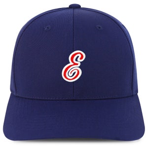 May include: A navy blue baseball cap with a white embroidered letter 'E' in a red and white swirl design.