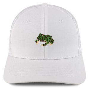 May include: White trucker hat with a green and black frog embroidered on the front.