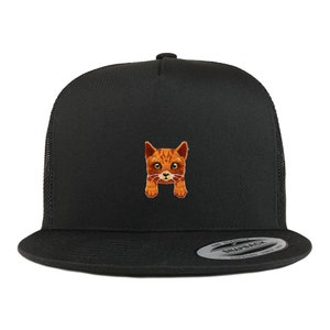 May include: A black trucker hat with a red and orange embroidered kitten on the front.