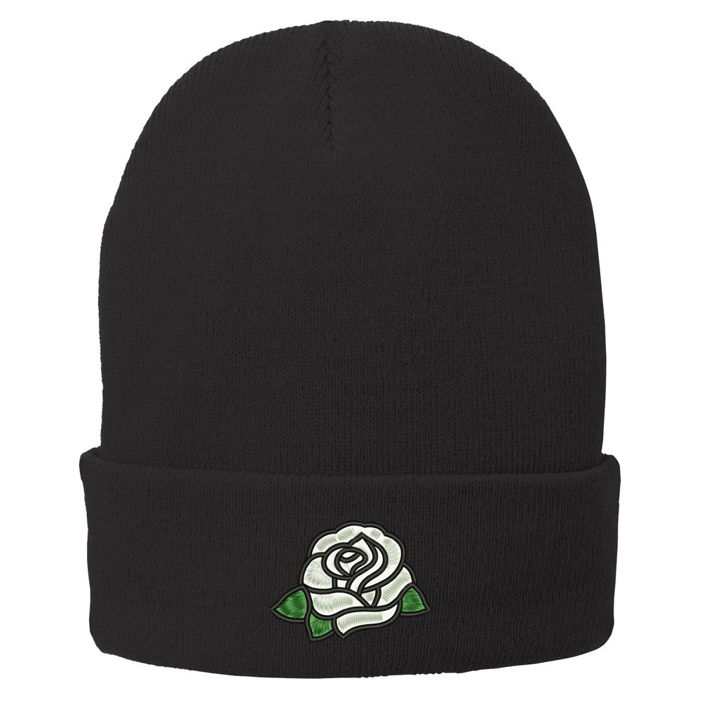Stitchfy White Rose Embroidered Knitted Long Cuff Winter Beanie