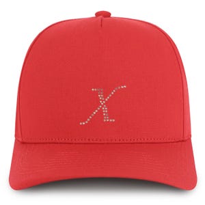 Gorra de béisbol de algodón de 5 paneles con parche de diamantes de imitación y letra X de Stitchfy (SF-AP0352-NIS-GNV-007)
