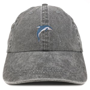 May include: A gray denim baseball cap with an embroidered blue dolphin jumping out of the water.