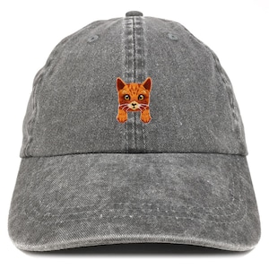 May include: A black denim baseball cap with an embroidered orange tabby cat peeking out from behind the brim.