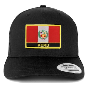 May include: Black trucker hat with a red and white Peruvian flag patch. The patch has a yellow border and the word "PERU" in gold lettering. The hat has a black mesh back and a black snap closure.