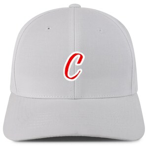 May include: A white baseball cap with a red embroidered letter "C" on the front.