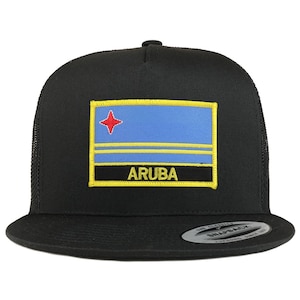 May include: Black trucker hat with a yellow and blue Aruba flag patch. The patch has a red star and the word "ARUBA" in yellow.