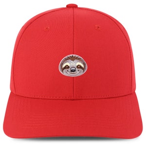 May include: Red baseball cap with an embroidered sloth face on the front.