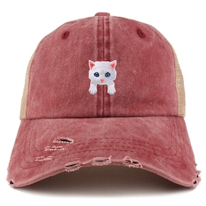 May include: A distressed burgundy baseball cap with a mesh back. The cap features an embroidered white cat with blue eyes. The hat has a pre-curved bill and distressed detailing, giving it a vintage look. A casual accessory for cat lovers.
