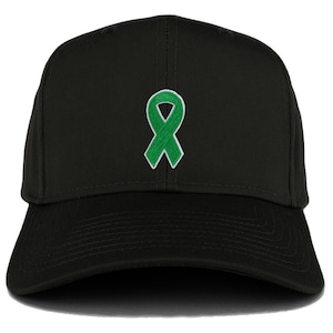 May include: A black baseball cap with a green ribbon embroidered on the front.