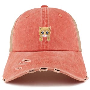 May include: A distressed coral-colored baseball cap with a mesh back. The front of the cap features an embroidered image of a cute orange tabby cat with blue eyes. The cap has a curved brim and distressed detailing.