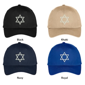 May include: Four baseball caps with a Star of David design. The caps are in black, khaki, navy, and royal blue.