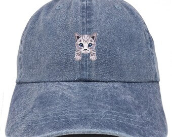 Stitchfy Grey Tabby Cat Kitten Patch Pigment Dyed Washed Baseball Cap (SF-AP0069-MGC-7601)