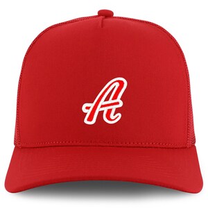 May include: Red trucker hat with a white embroidered letter 'A' on the front.