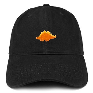 May include: A black baseball cap with an orange dinosaur embroidered on the front.